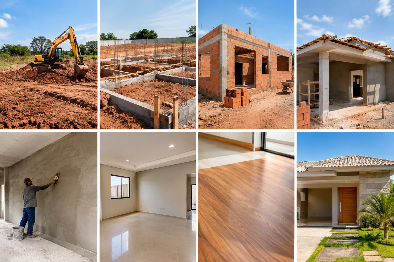 Etapas da construção de uma casa, desde a preparação do terreno até os acabamentos finais.
